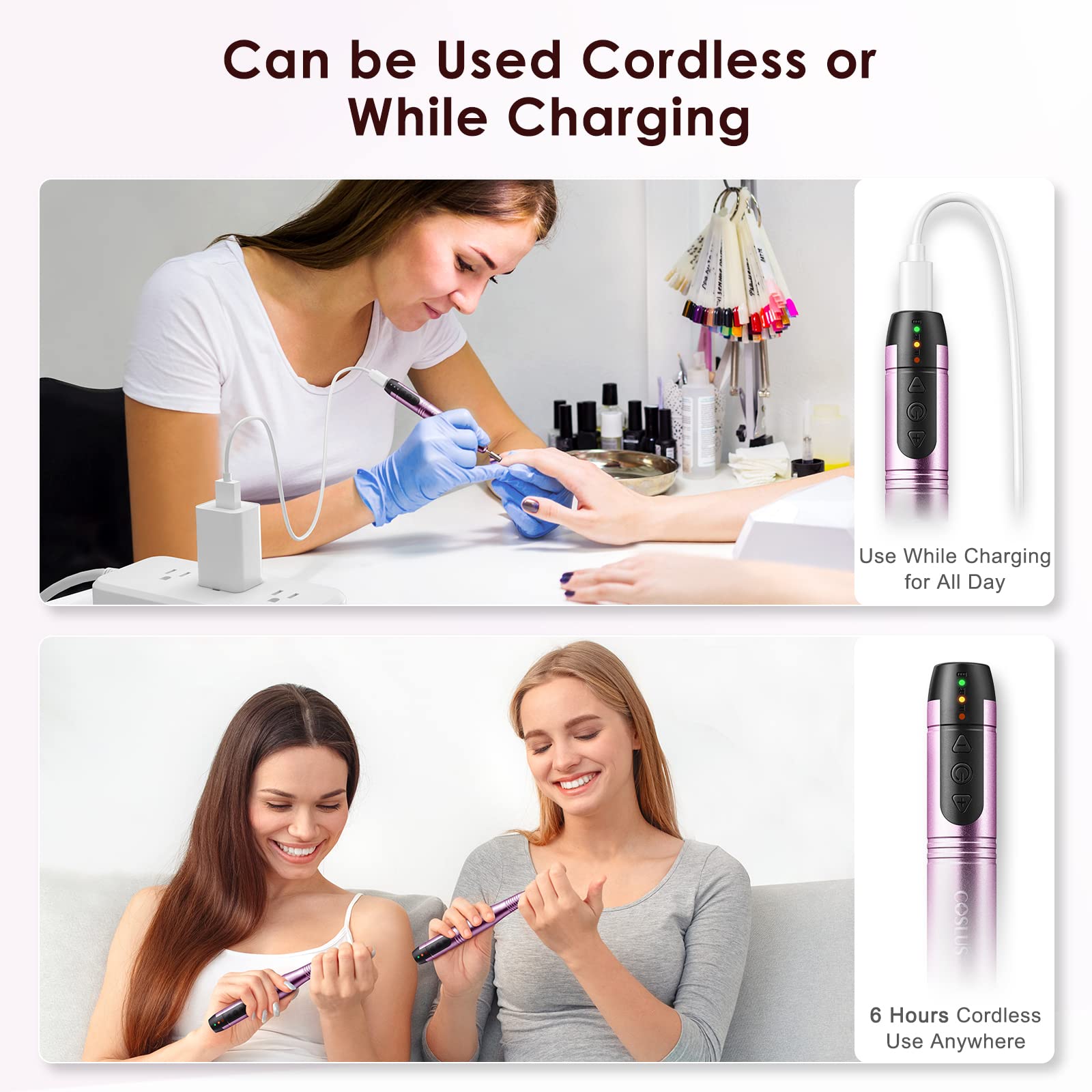 COSLUS cordless nail drill quiet motor conveys low-vibration comfort for extended sessions