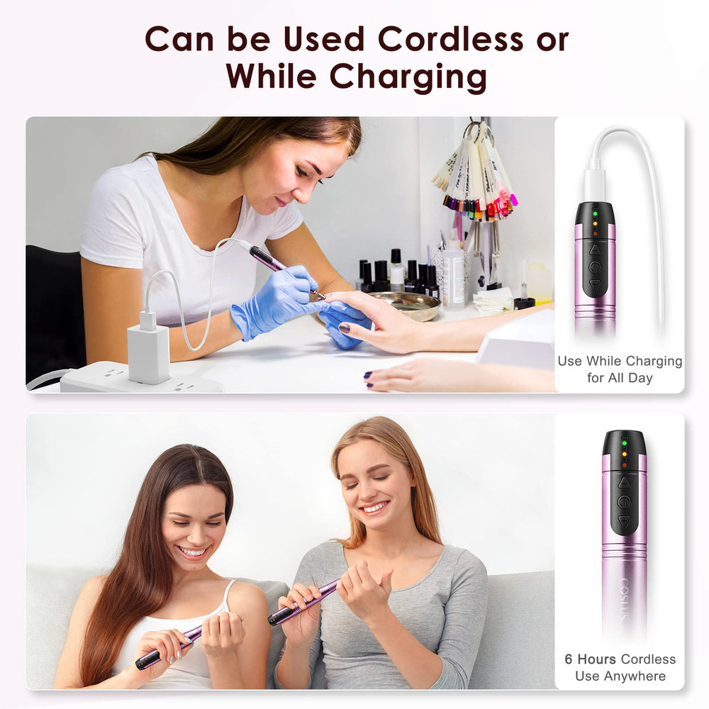 COSLUS cordless nail drill quiet motor conveys low-vibration comfort for extended sessions