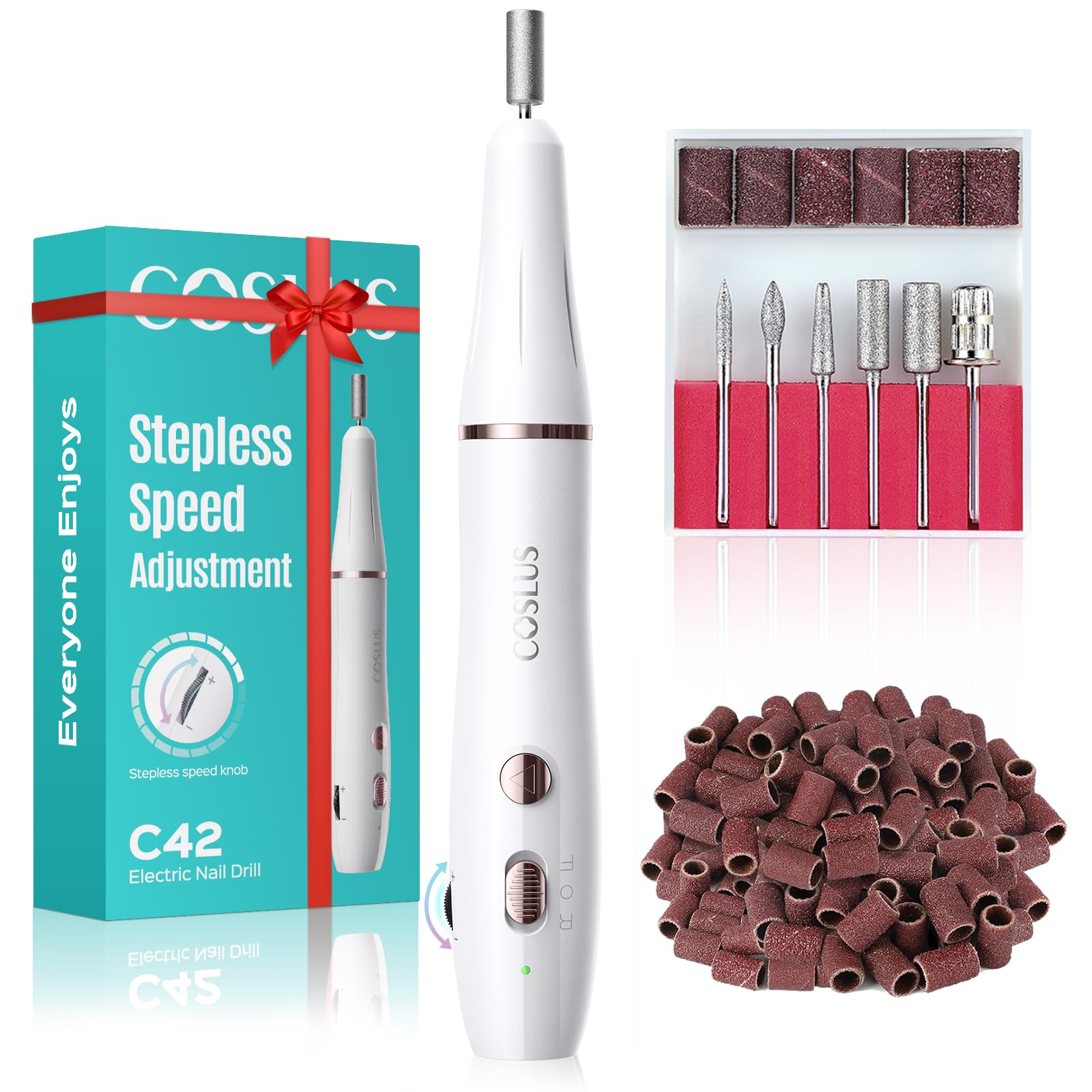 COSLUS cordless nail drill with stepless speed knob enables precise manicure tasks.