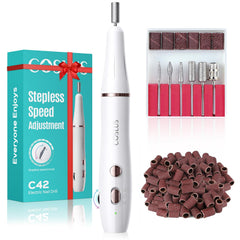COSLUS cordless nail drill with stepless speed knob enables precise manicure tasks.