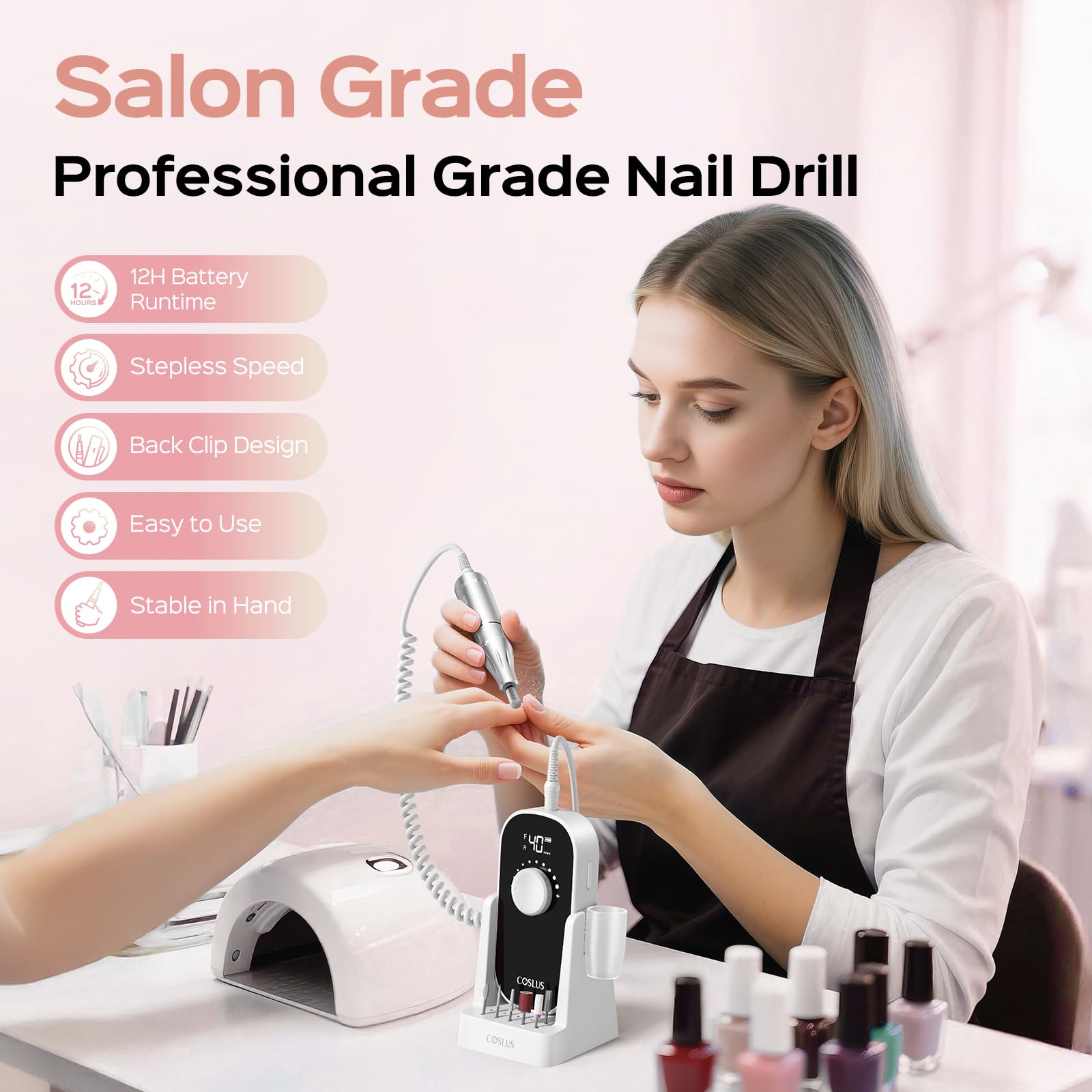 COSLUS electric nail drill 100G torque minimizes vibration for smoother polish removal.