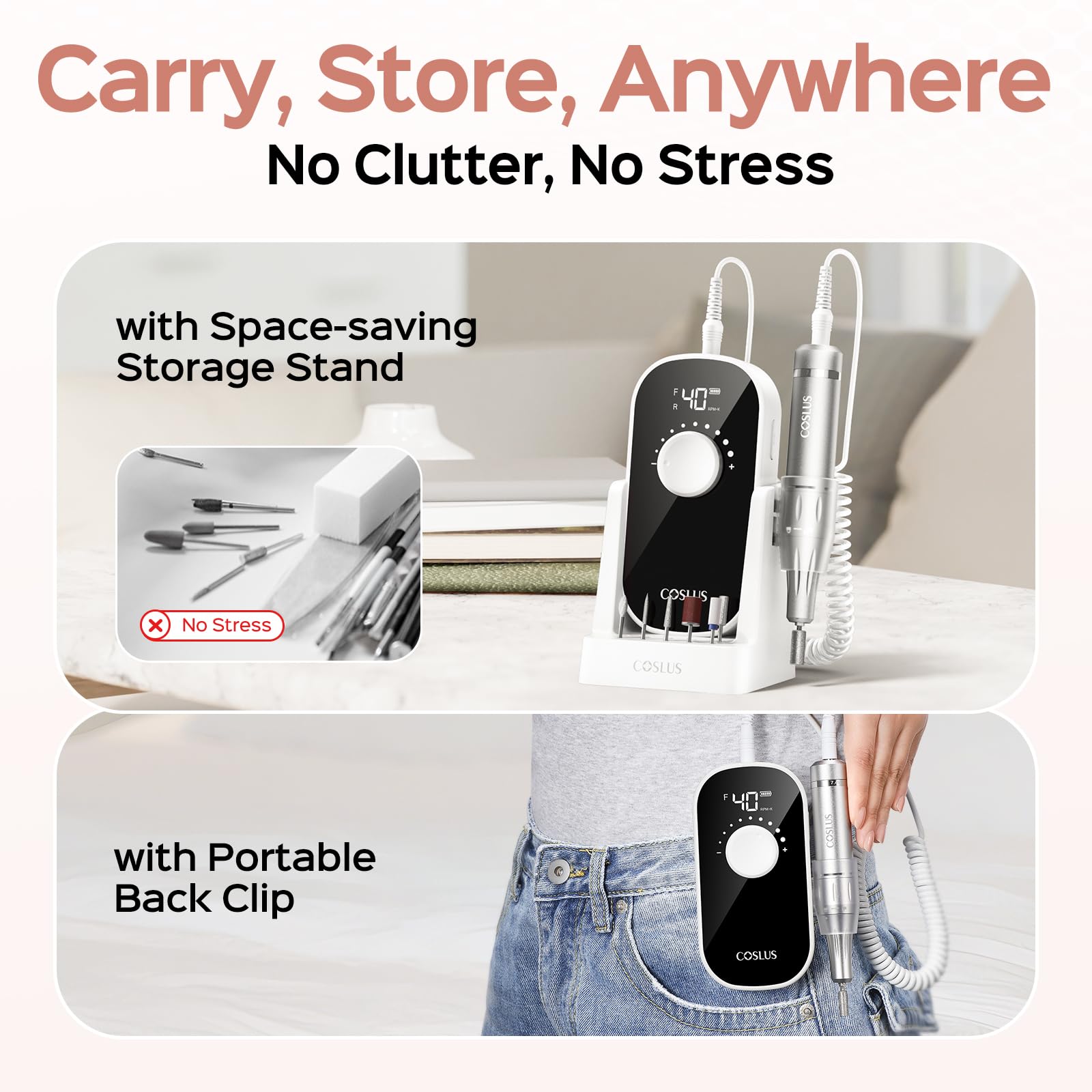 COSLUS electric nail drill cordless battery lasts long for busy salons.