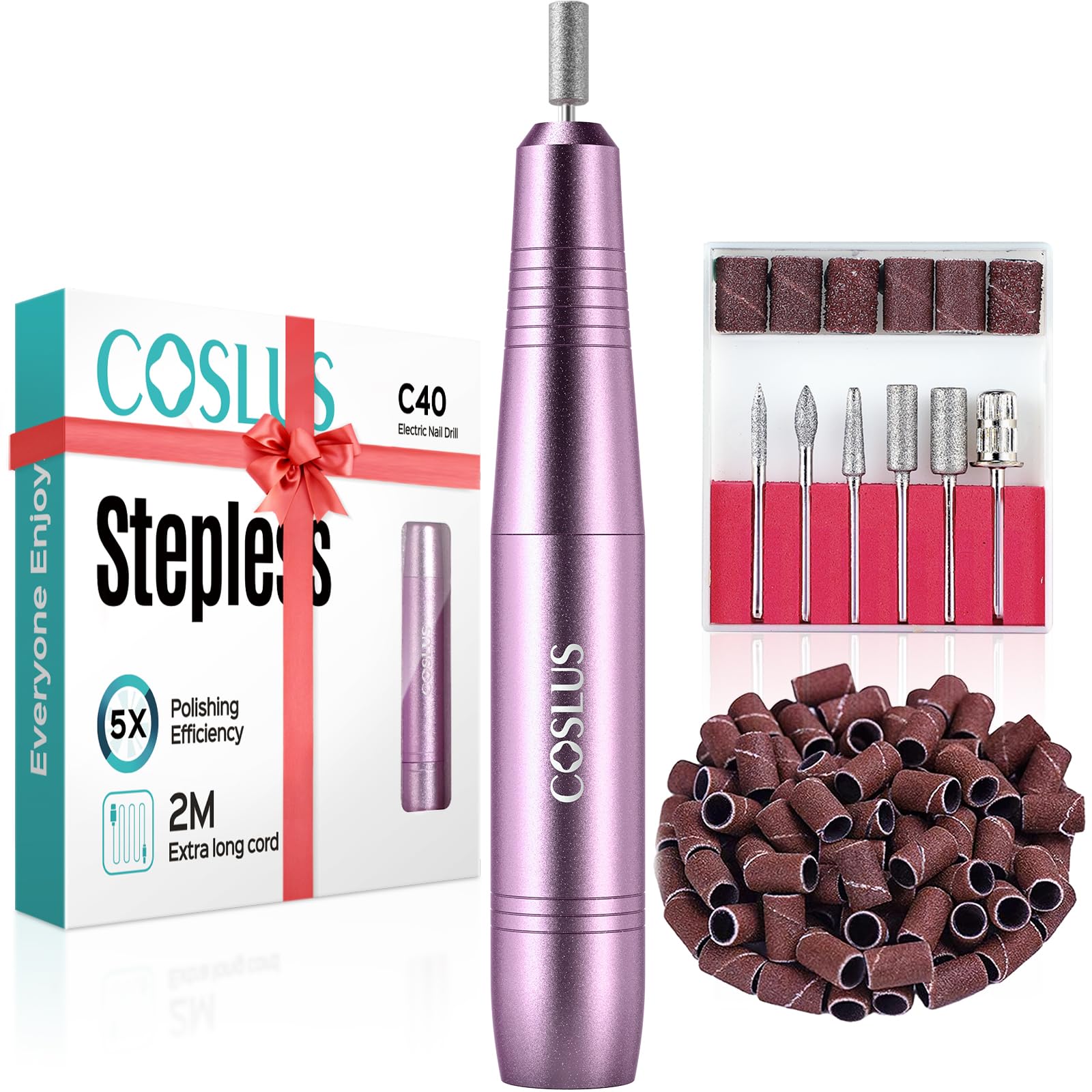 COSLUS electric nail drill front view highlights compact pen design for precise control.