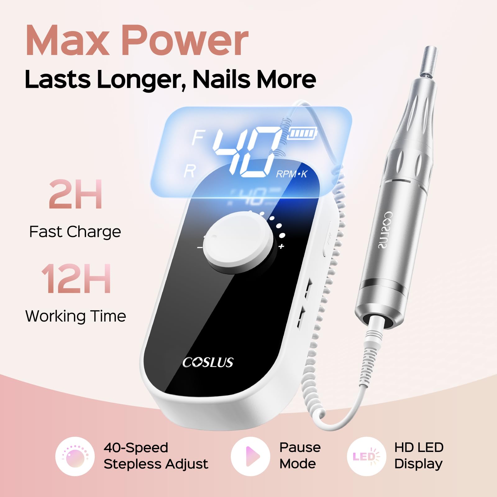 COSLUS electric nail drill LCD display shows speed and battery status.