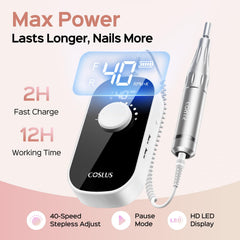 COSLUS electric nail drill LCD display shows speed and battery status.