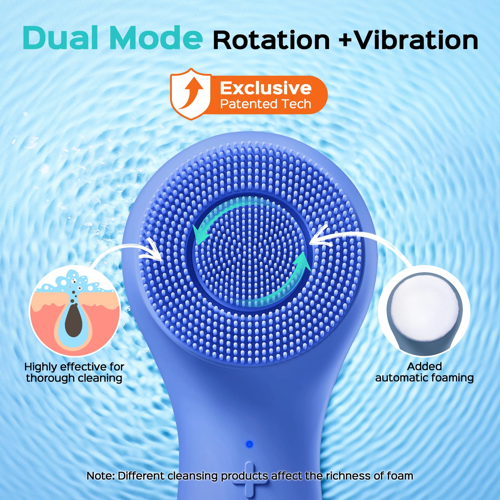 COSLUS Face Scrubber automatic foaming demonstrates quick rich lather for efficient cleansing.