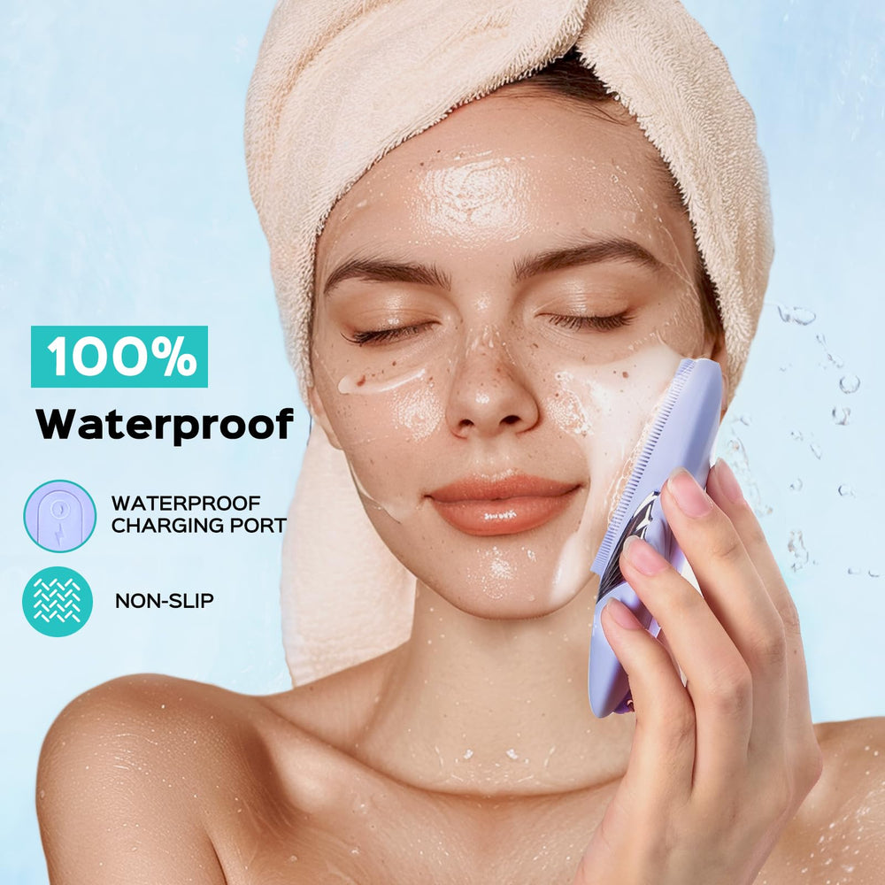 COSLUS face scrubber in shower demonstrates IPX7 waterproof for safe daily use
