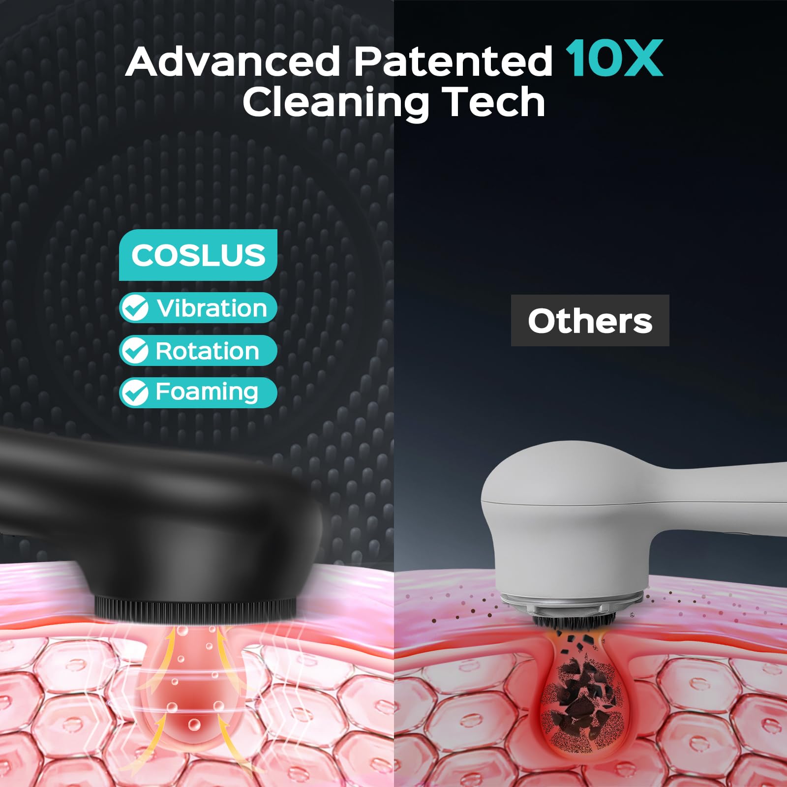 COSLUS Face Scrubber IPX7 waterproof design for safe shower use.