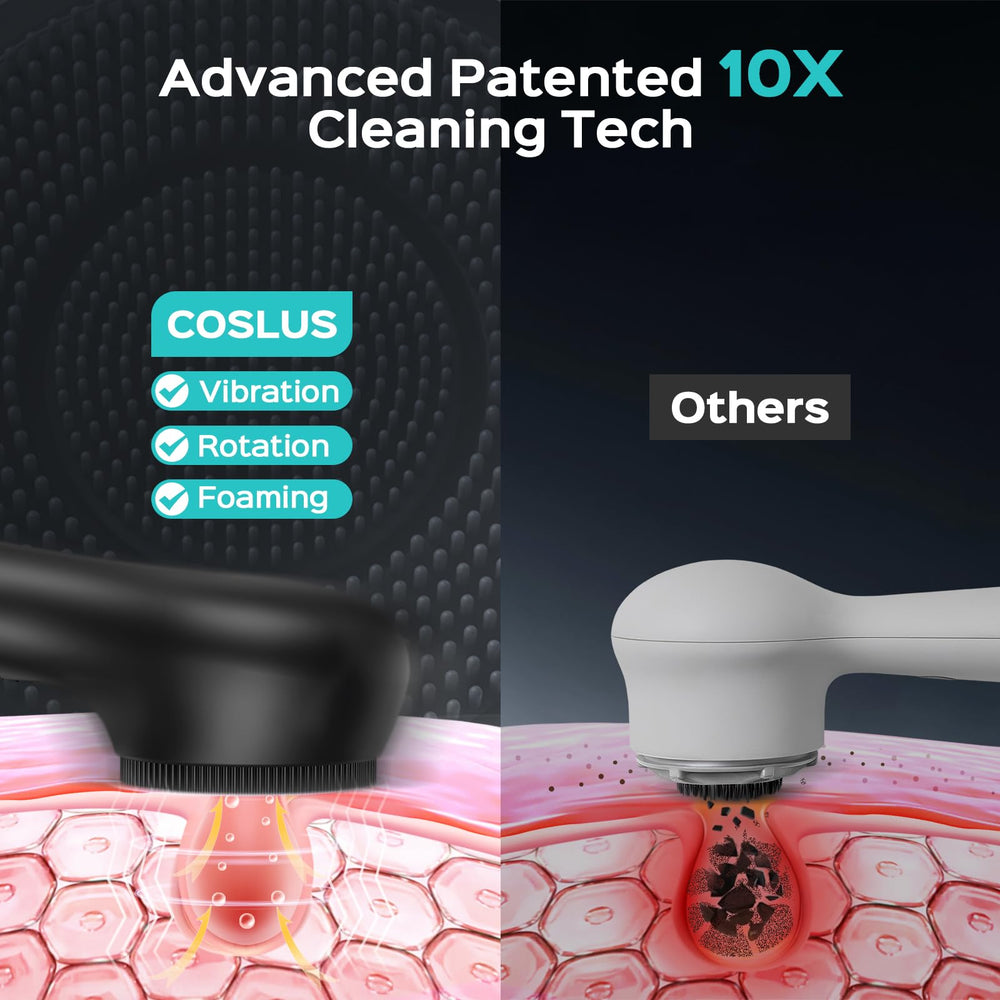 COSLUS Face Scrubber IPX7 waterproof design for safe shower use.