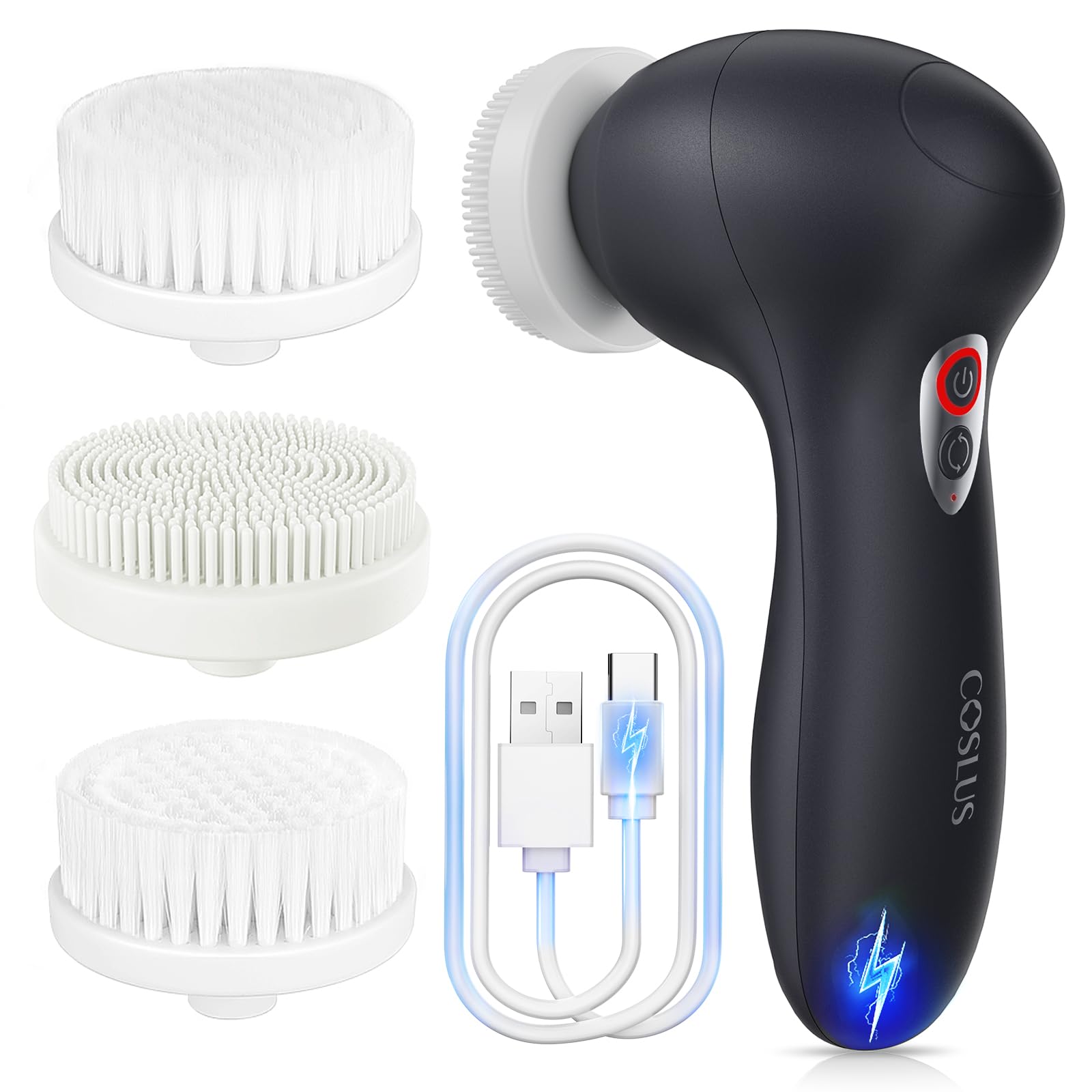 COSLUS facial cleansing brush front view with ergonomic grip for daily cleansing