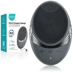 COSLUS facial cleansing brush unboxed showing compact travel design