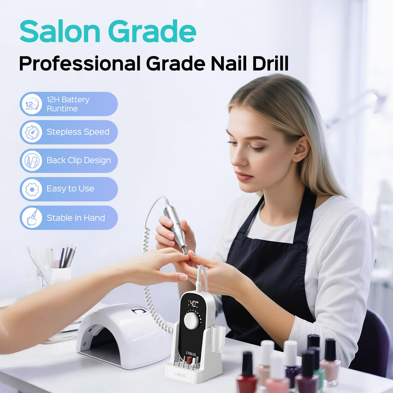COSLUS nail drill with 40-speed control for versatile tasks.