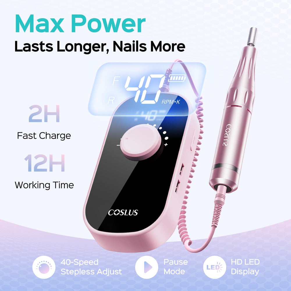 COSLUS nail drill back-clip demonstrates portable, hands-free operation for on-the-go