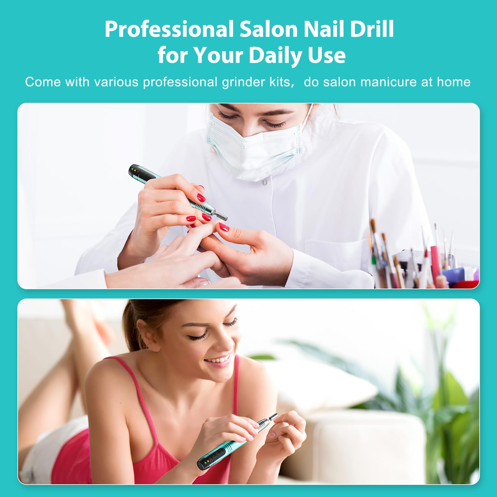 COSLUS nail drill charging display illustrating quick recharge and ready-to-use status.