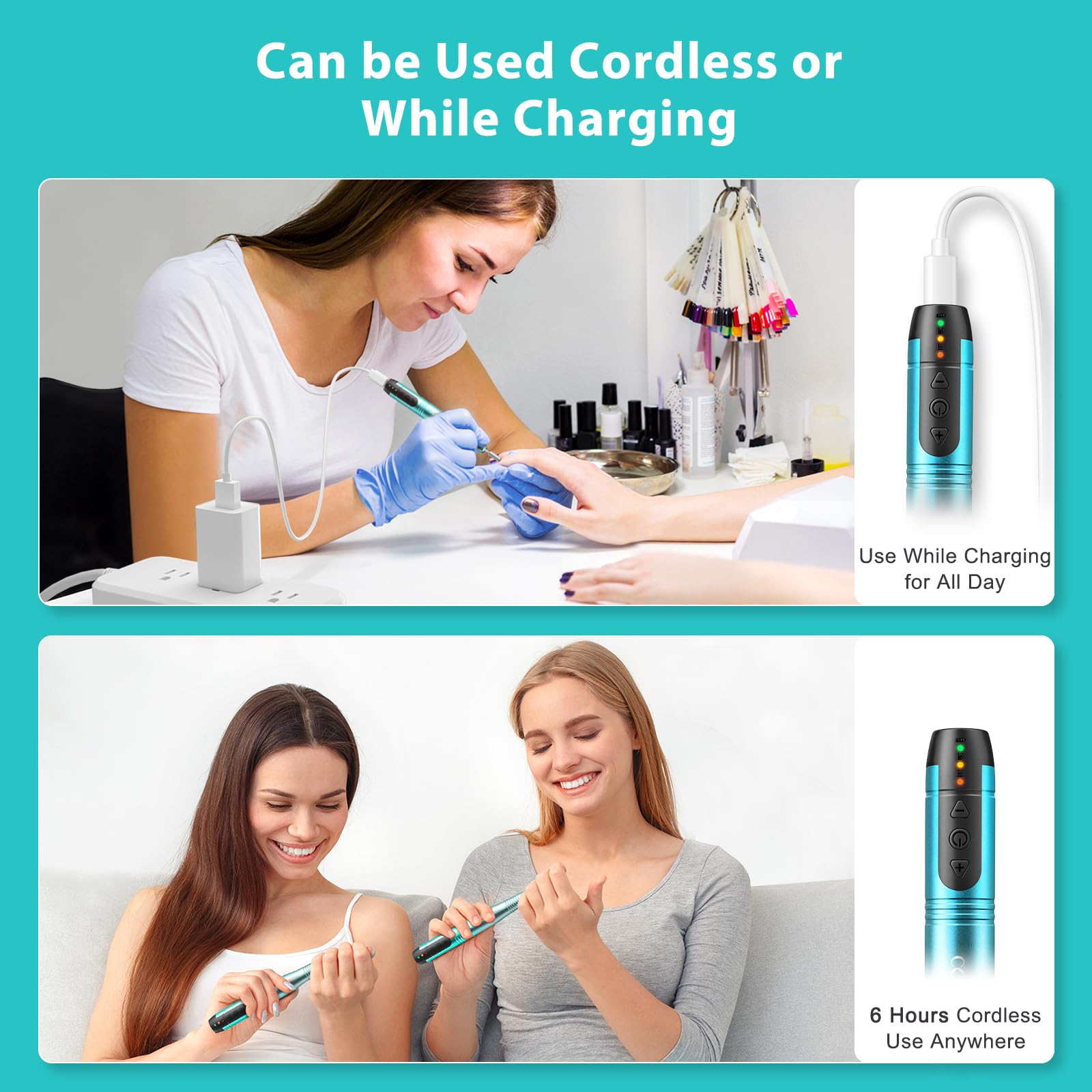 COSLUS nail drill in hand during use for precise manicure and pedicure.