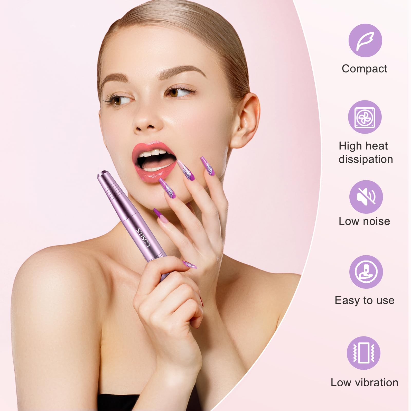 COSLUS nail drill portable lightweight image highlights travel-friendly design.