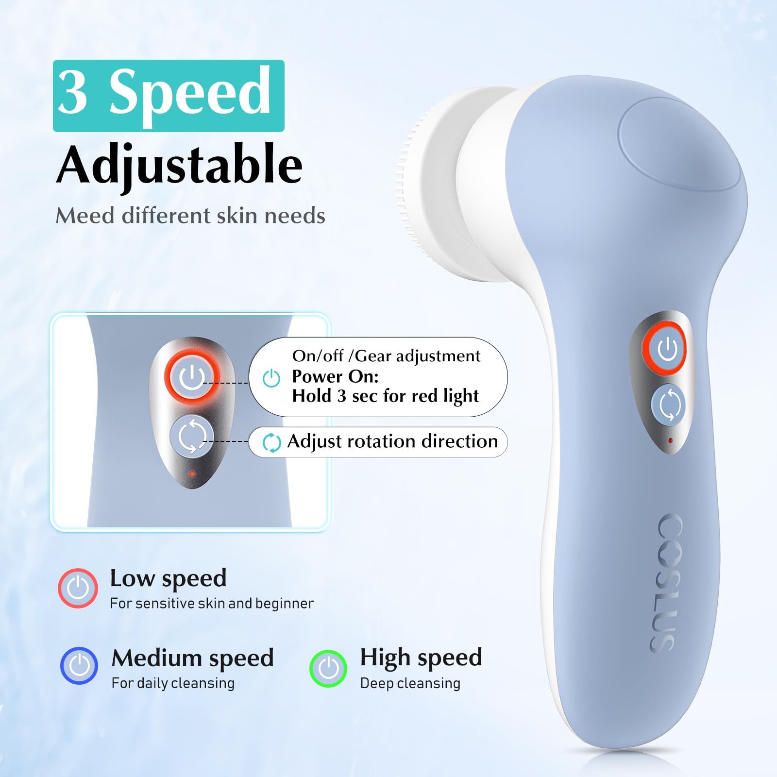 COSLUS powered facial cleansing brush heads assembly highlighting replaceable heads for customization