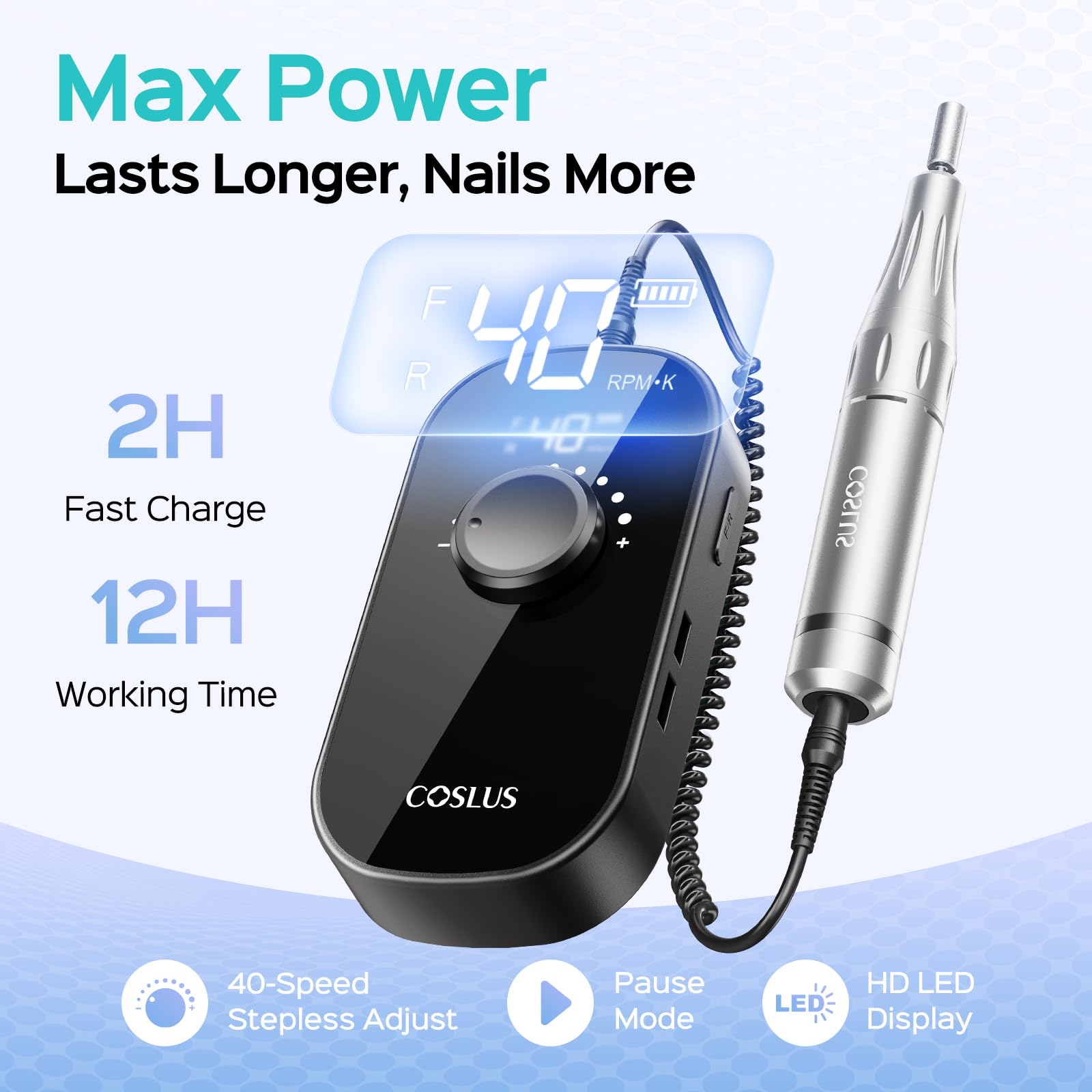 COSLUS nail drill back-clip enables hands-free work during sessions