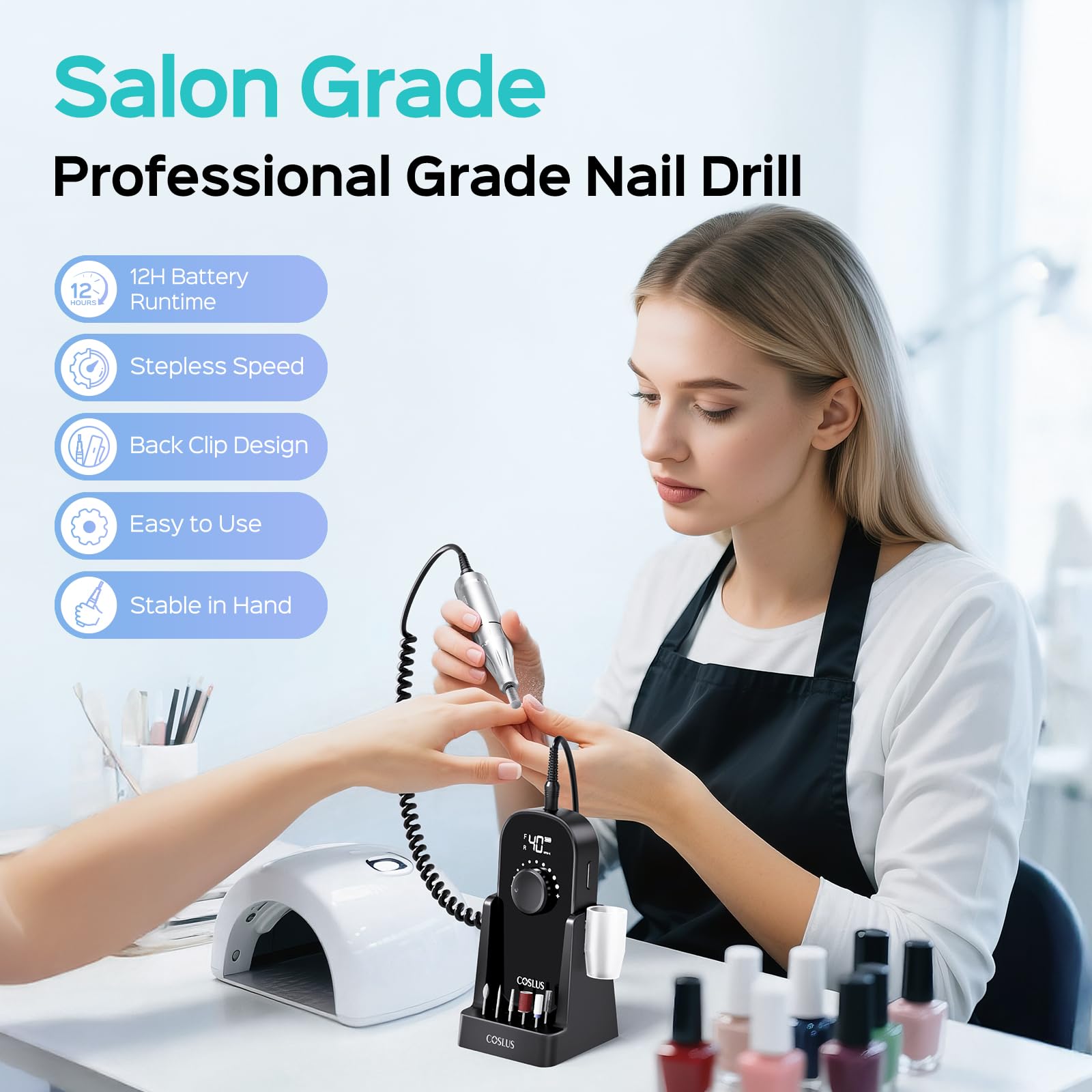 COSLUS nail drill LED display shows speed and battery status for precise control
