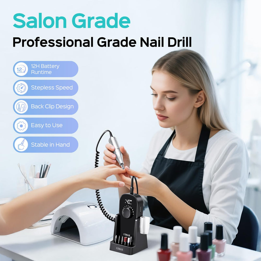 COSLUS nail drill LED display shows speed and battery status for precise control