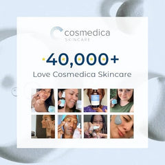 Cosmedica Hyaluronic Serum texture closeup reveals smooth, plump skin.