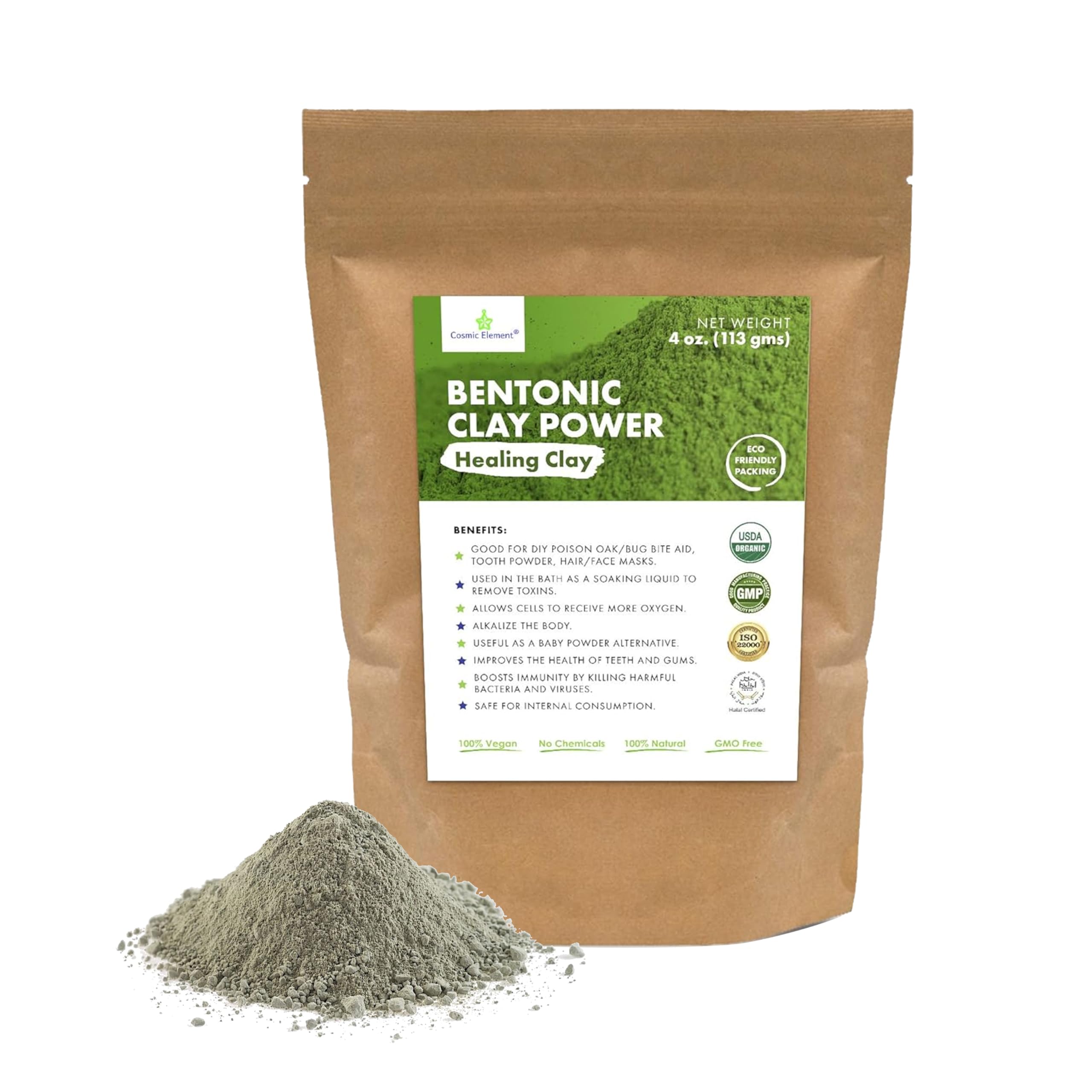 Cosmic Element calcium bentonite clay powder jar closeup for gentle detox.