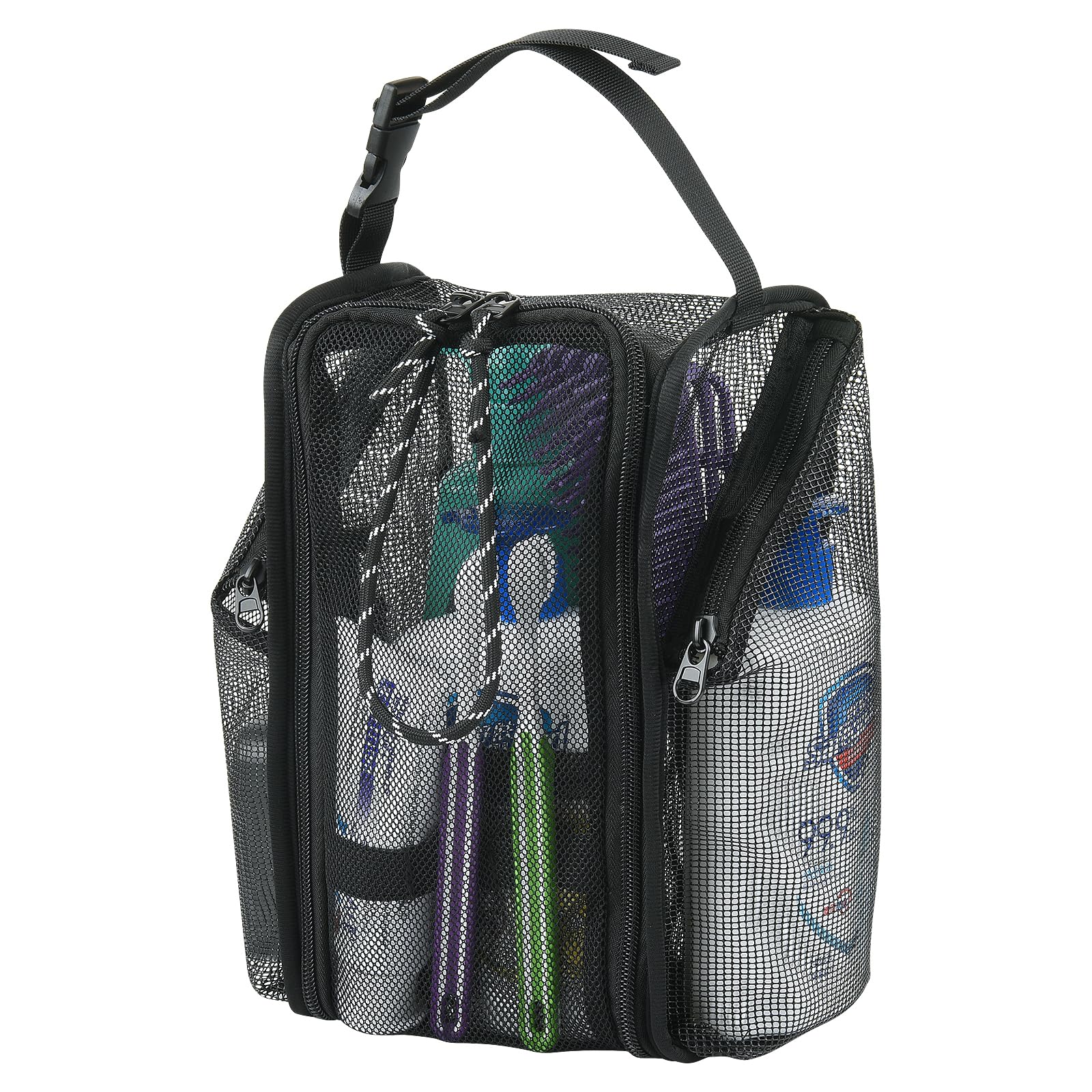 Cosmos Mesh Shower Caddy full setup keeps toiletries organized for travel, gym, or campground.