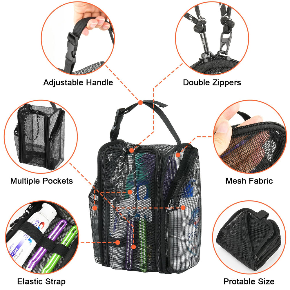 Cosmos Mesh Shower Caddy large pocket with double zippers secures travel essentials.