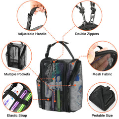 Cosmos Mesh Shower Caddy large pocket with double zippers secures travel essentials.