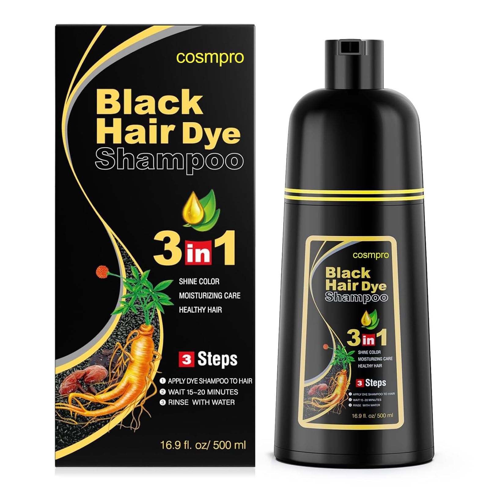 Cosmpro Black Hair Dye Shampoo bottle for easy at-home color