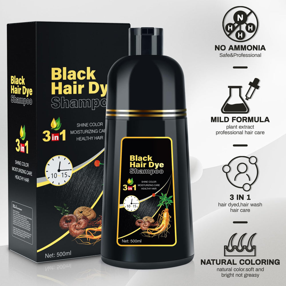 Cosmpro Black Hair Dye Shampoo natural-herbal-formula with polygonum multiflorum and ginseng nourishes hair.