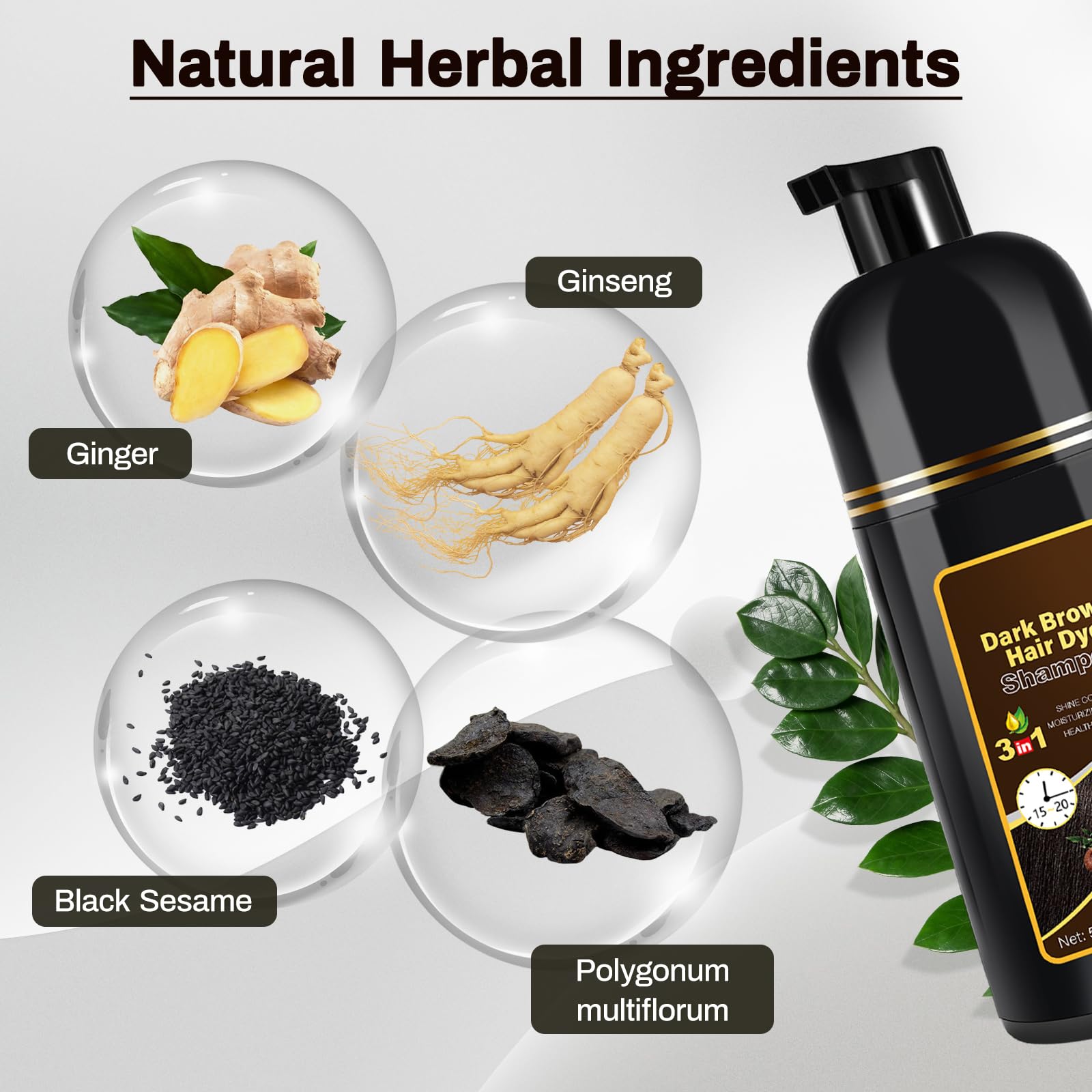 Cosmpro Dark Brown Dye Shampoo application demonstrates simple 15–20 minute use.