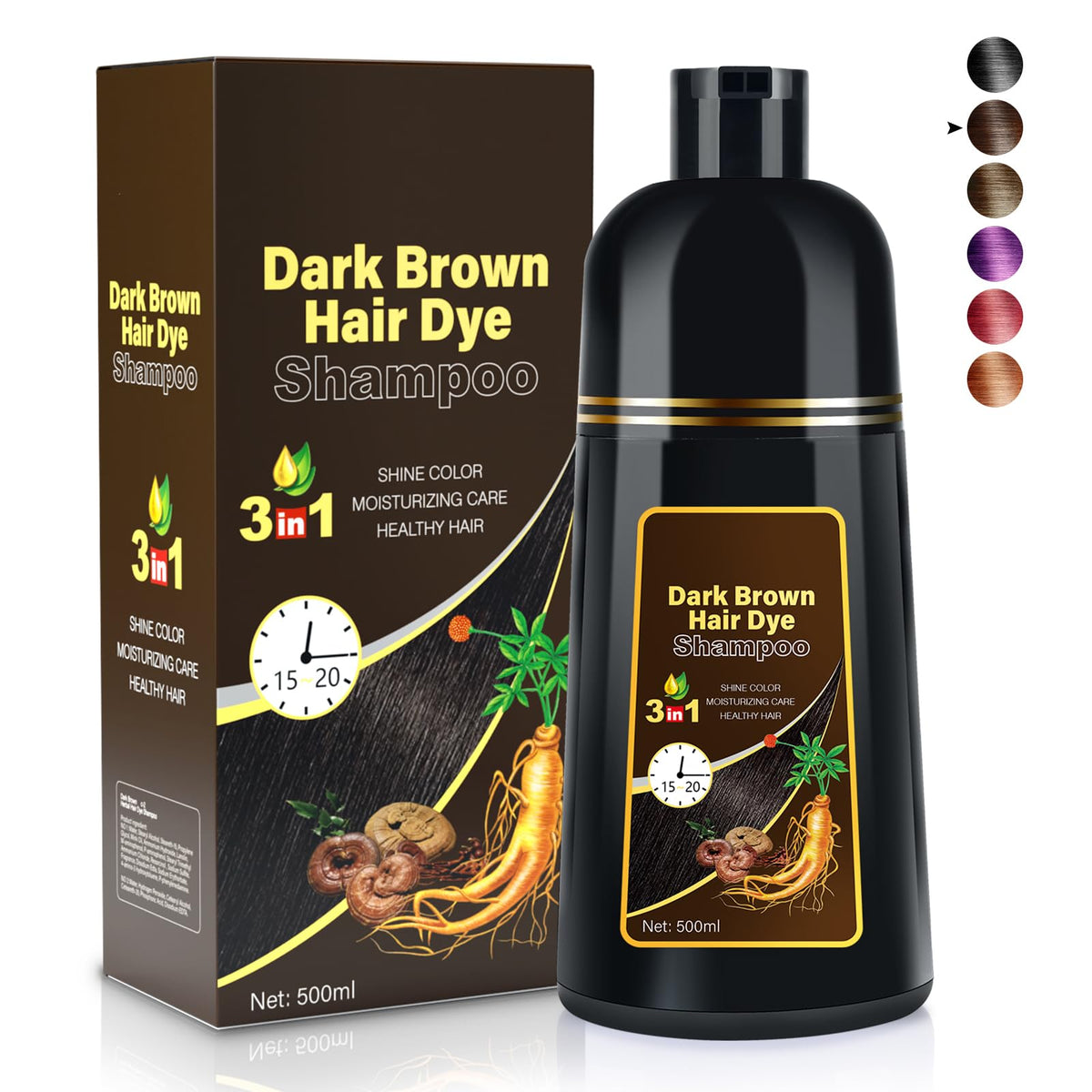 Cosmpro Dark Brown Dye Shampoo bottle shows easy at-home gray coverage and natural shine.