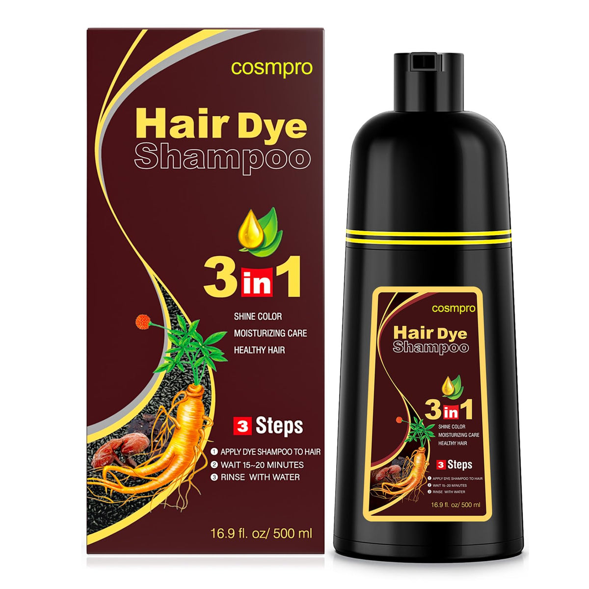 Cosmpro dark brown hair dye shampoo packaging in a 500ml bottle.