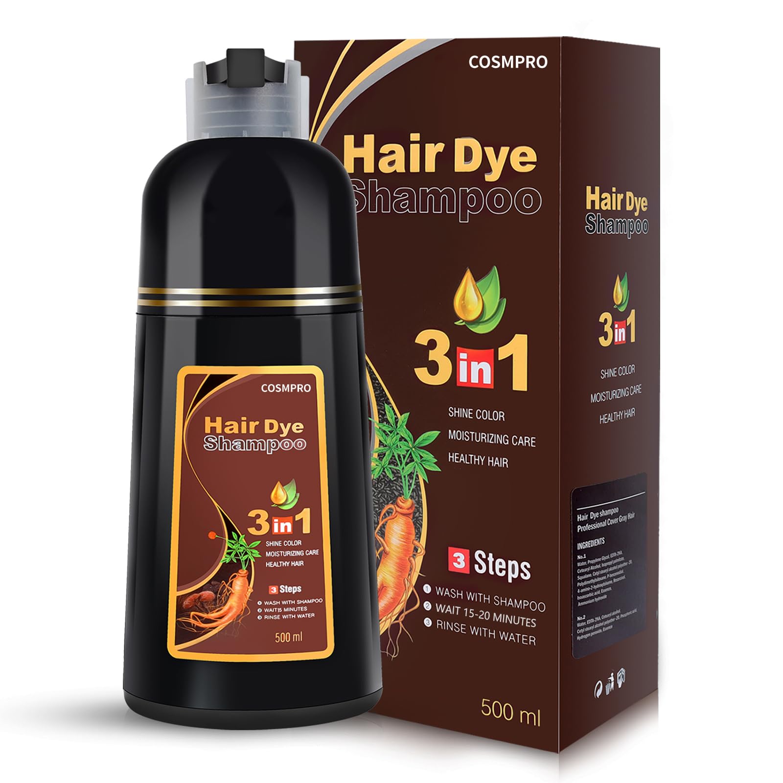 cosmpro hair dye shampoo chestnut brown bottle shows easy at-home color for gray coverage