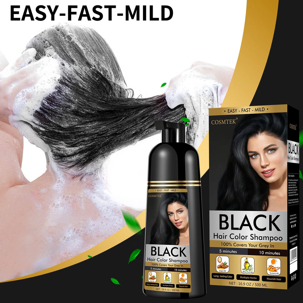 COSMTEK Black Dye Shampoo application on hair illustrates quick five to ten-minute color care.