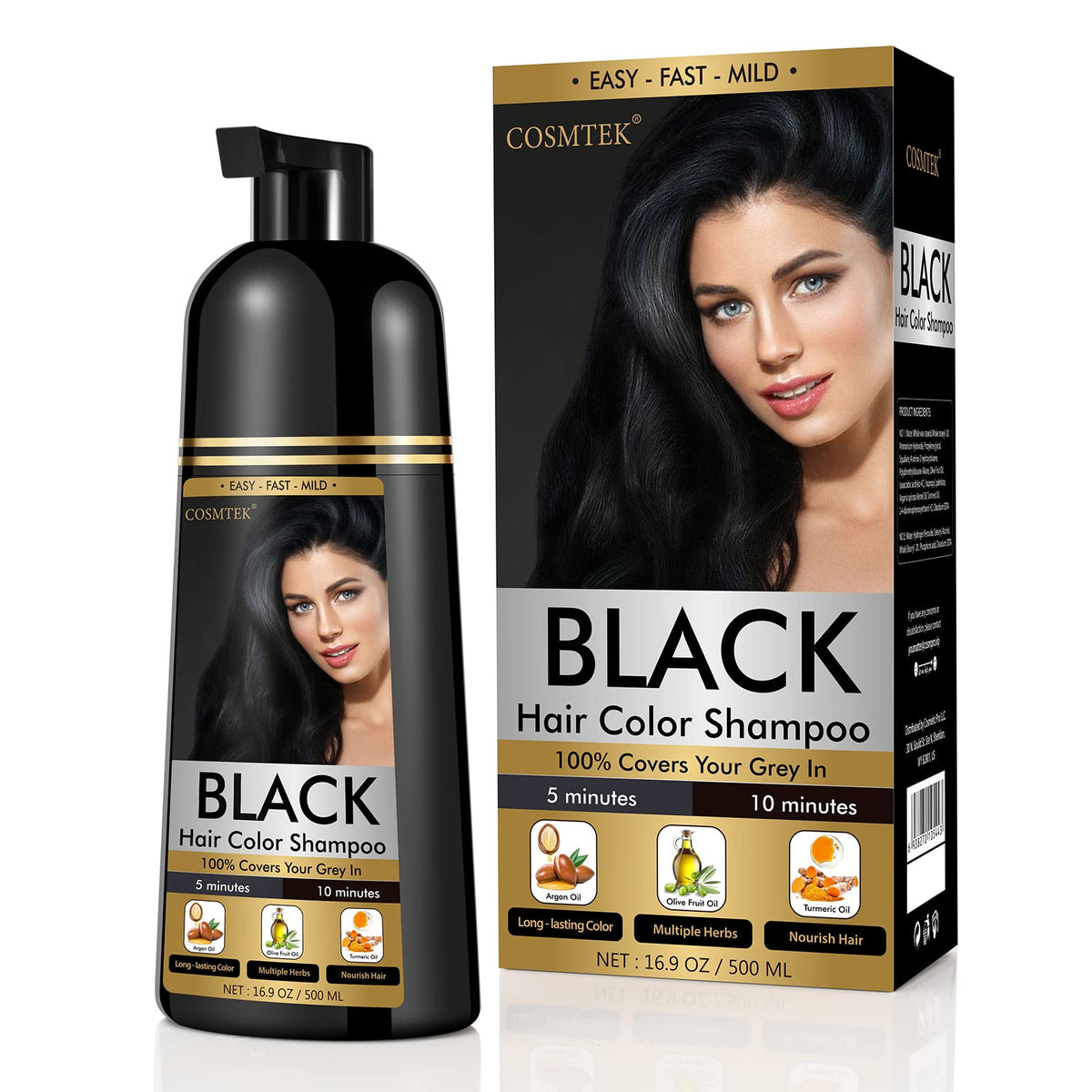 COSMTEK Black Dye Shampoo bottle pour shows easy, ammonia-free color refresh for all hair colors.