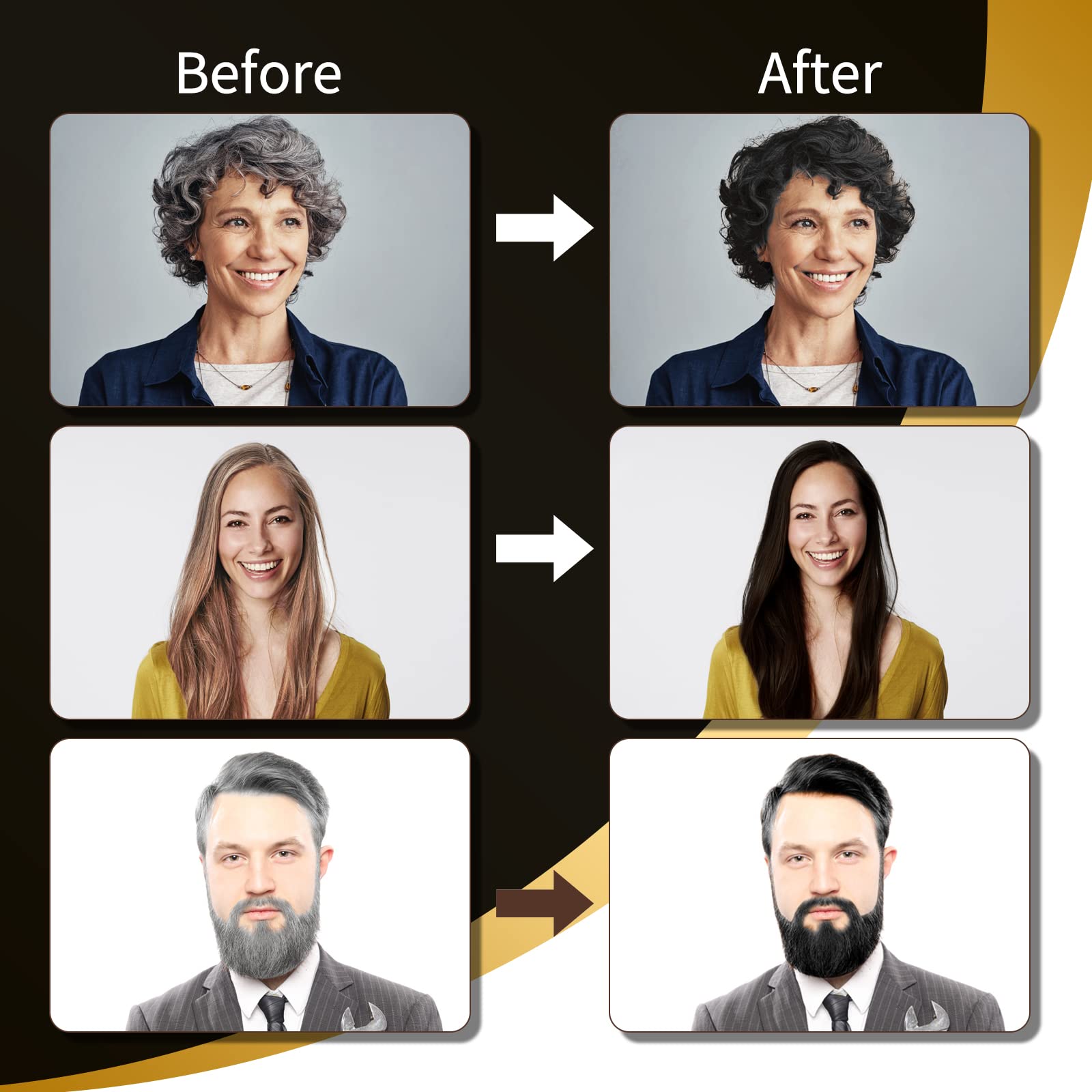 COSMTEK Black Dye Shampoo color showcase demonstrates rich black shade on gray and treated hair.