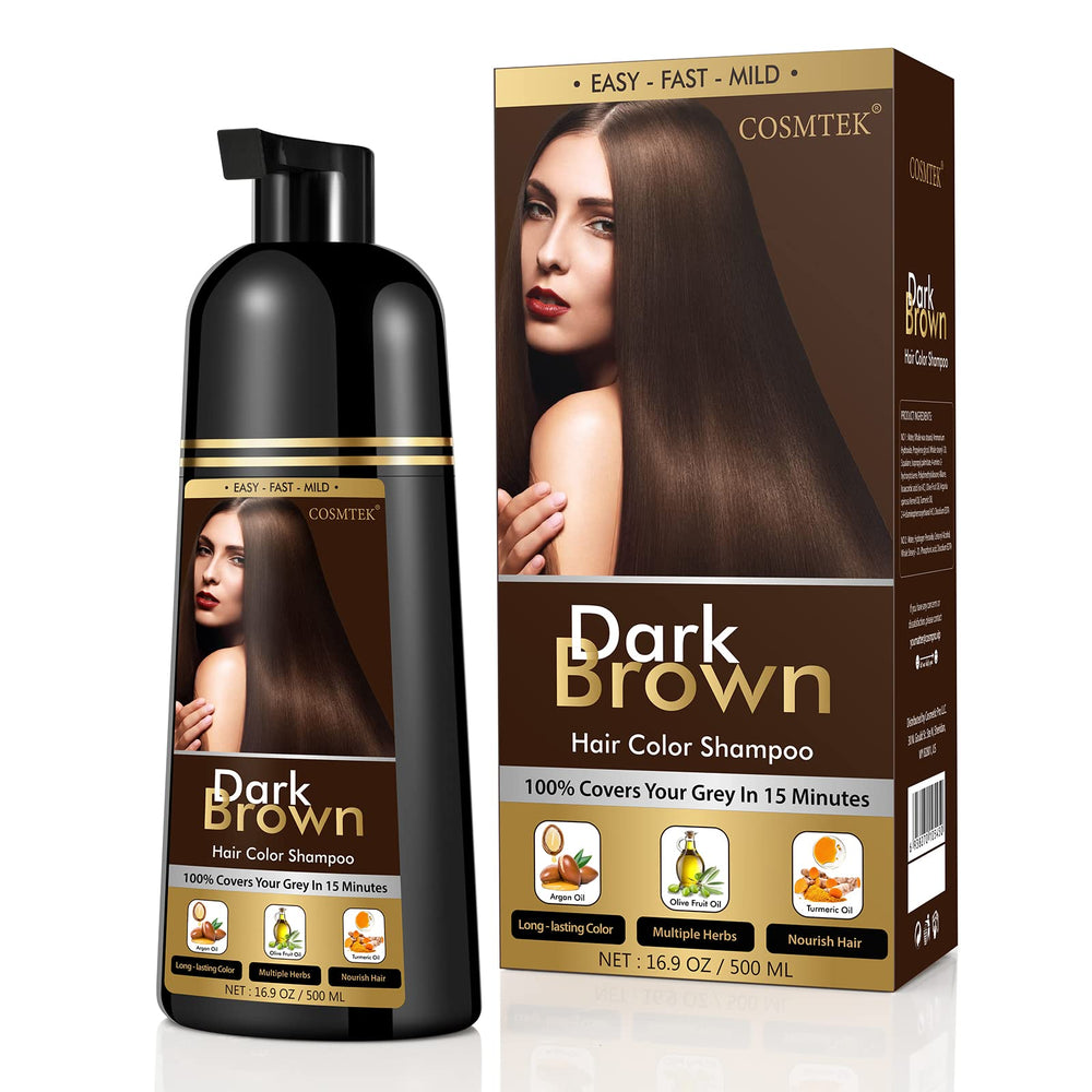 COSMTEK Dark Brown Hair Dye Shampoo bottle highlights ammonia-free formula for safe color