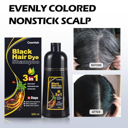 COSMTEK Black Hair Dye Shampoo gloves illustrate easy, mess-free application.