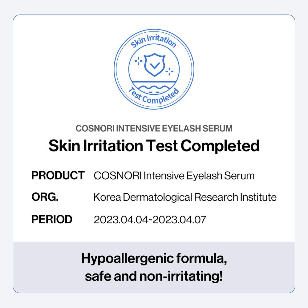 COSNORI Intensive Eyelash Serum hypoallergenic formula line communicates gentle use