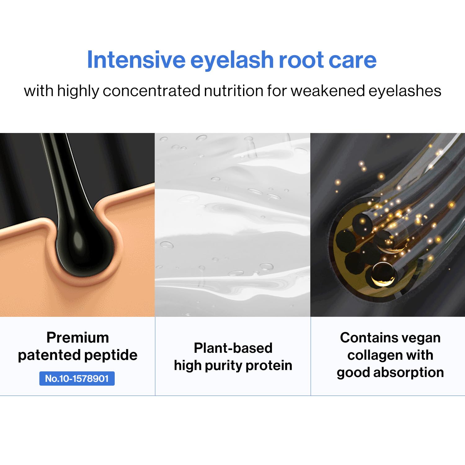 COSNORI Intensive Eyelash Serum peptide-label close-up emphasizes patented peptide technology