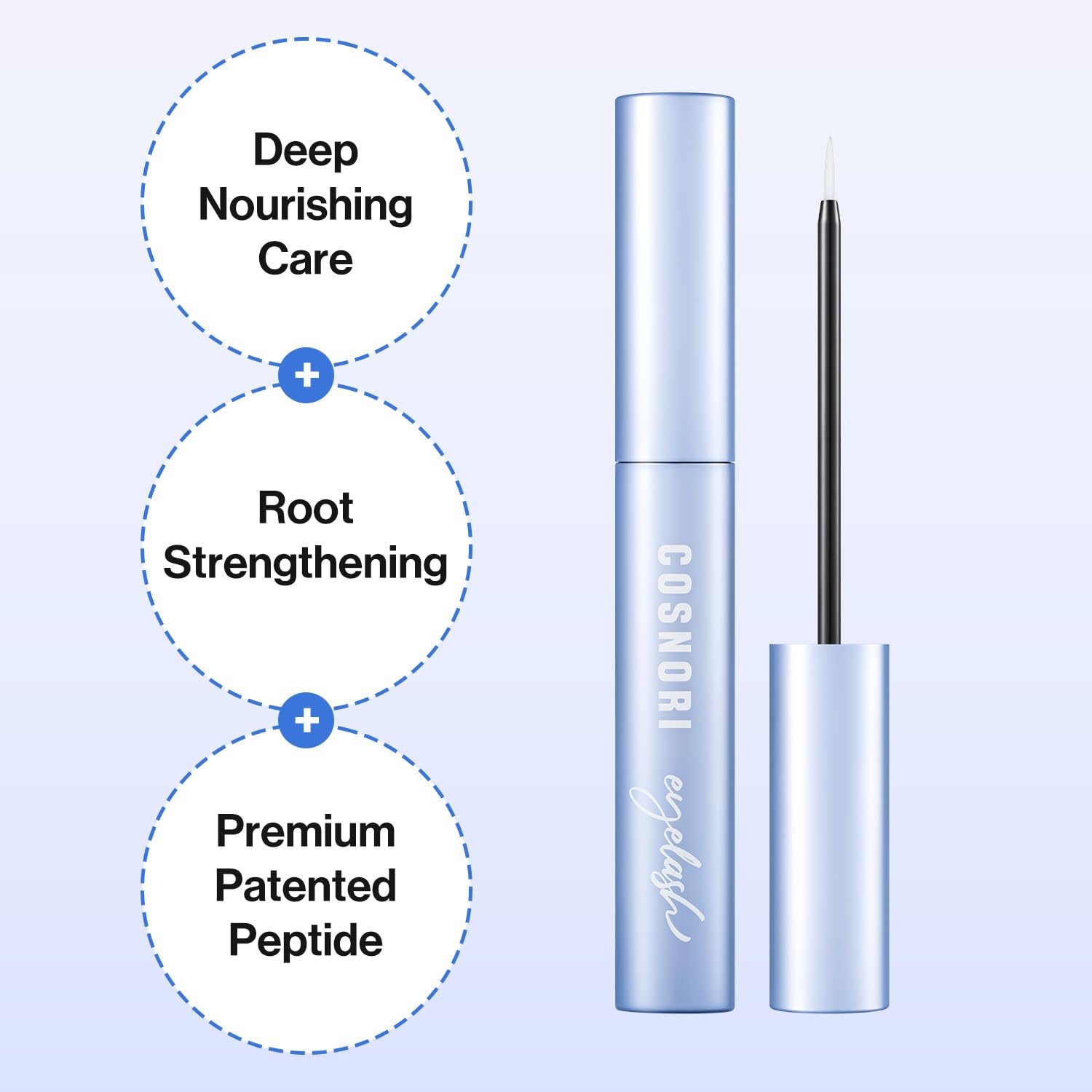 COSNORI Intensive Eyelash Serum on lash line shows comfortable, pH-balanced application