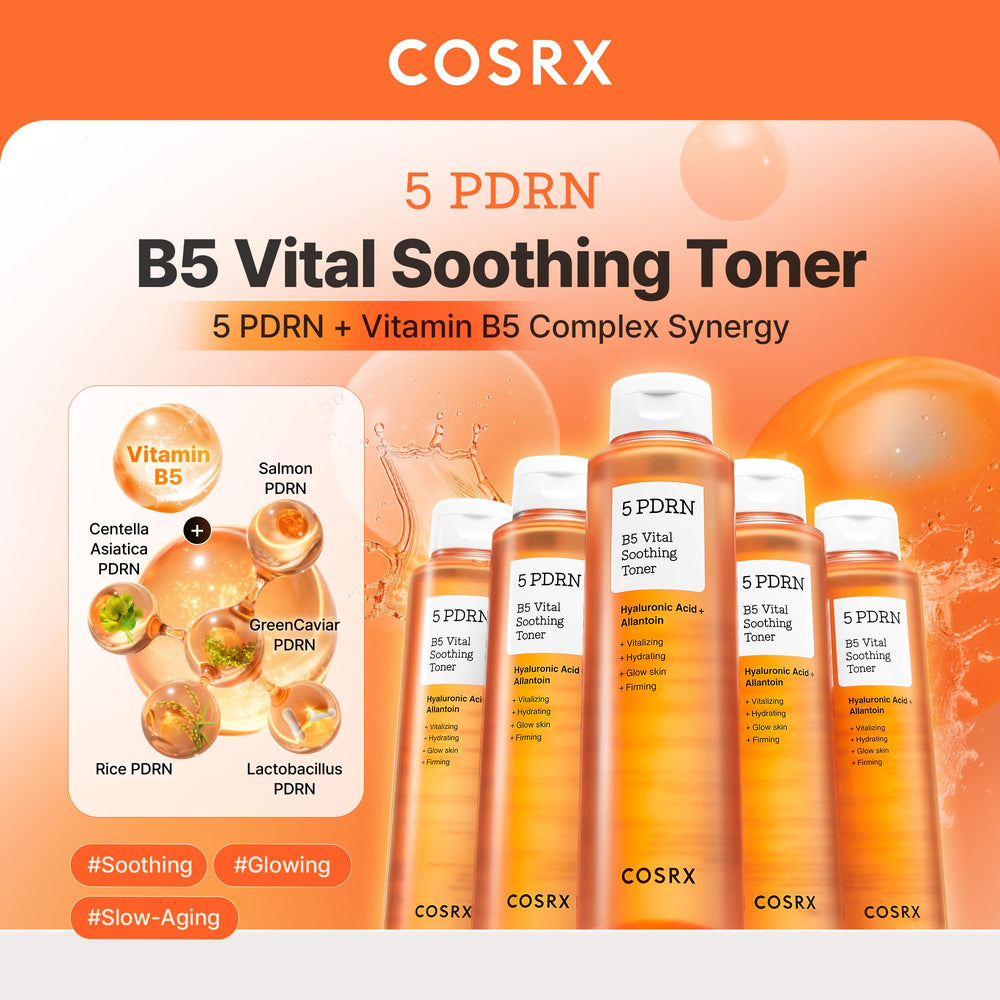 COSRX 5 PDRN B5 Toner label closeup – highlights the PDRN complex and gentle formula.