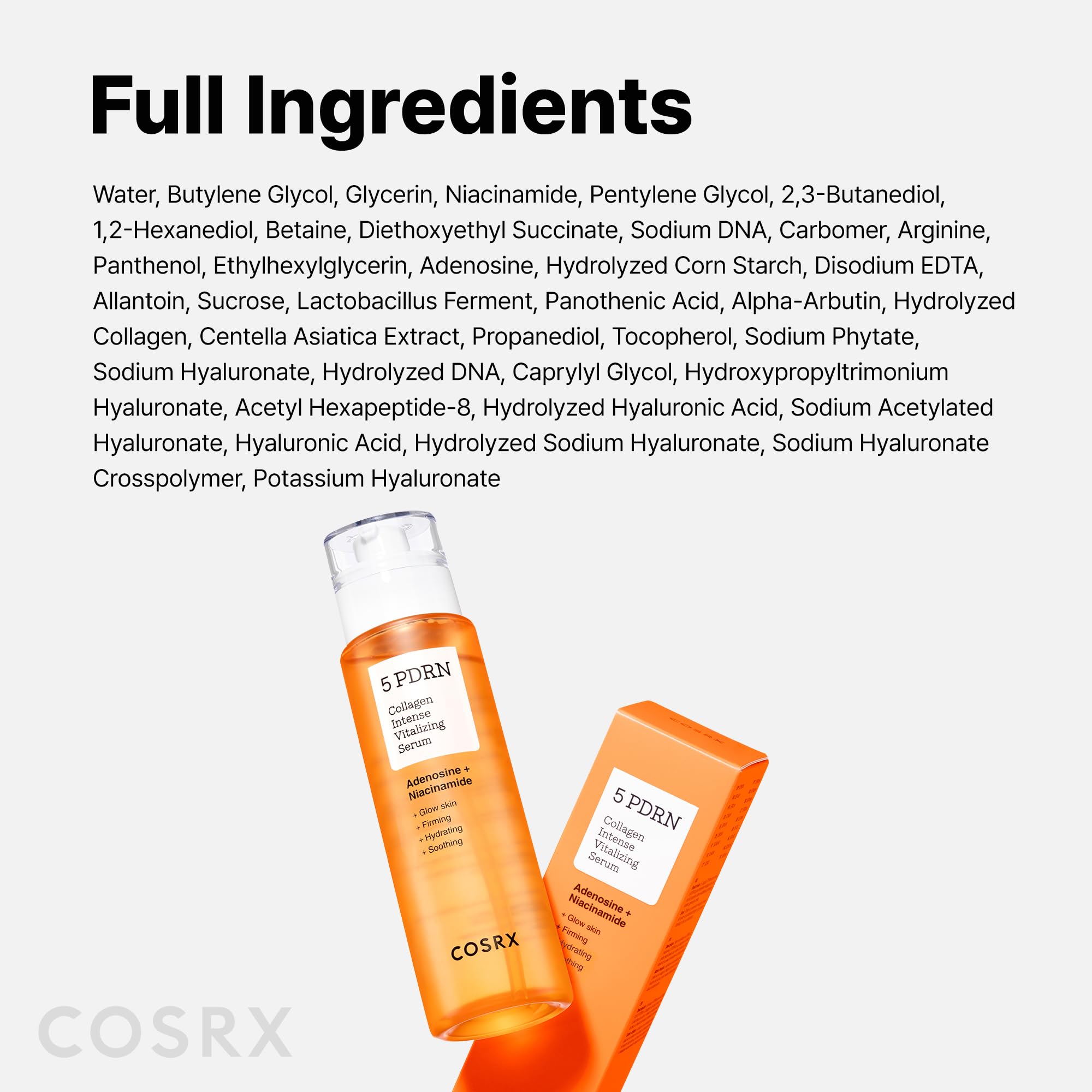 COSRX 5PDRN serum ingredients closeup highlights centella and salmon DNA benefits