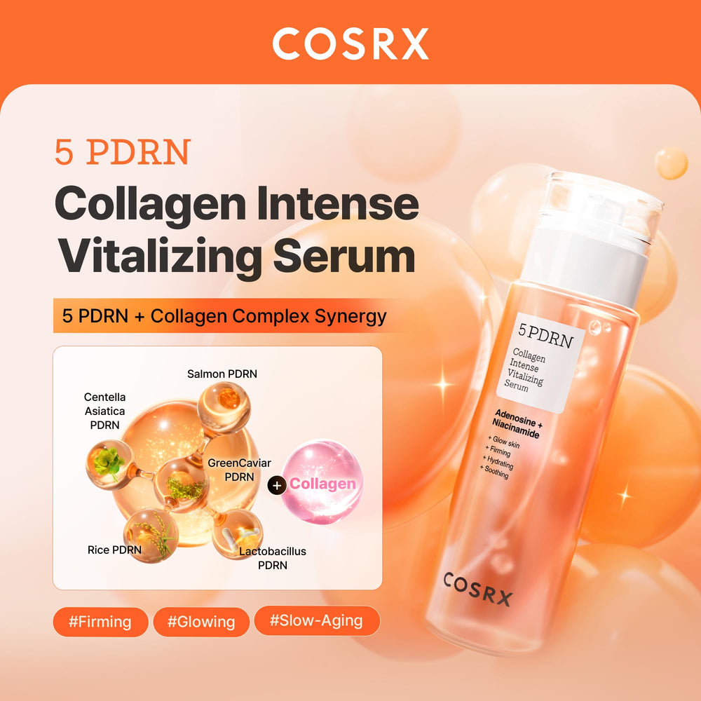COSRX 5PDRN serum packaging flatlay emphasizes daily nourishing routine