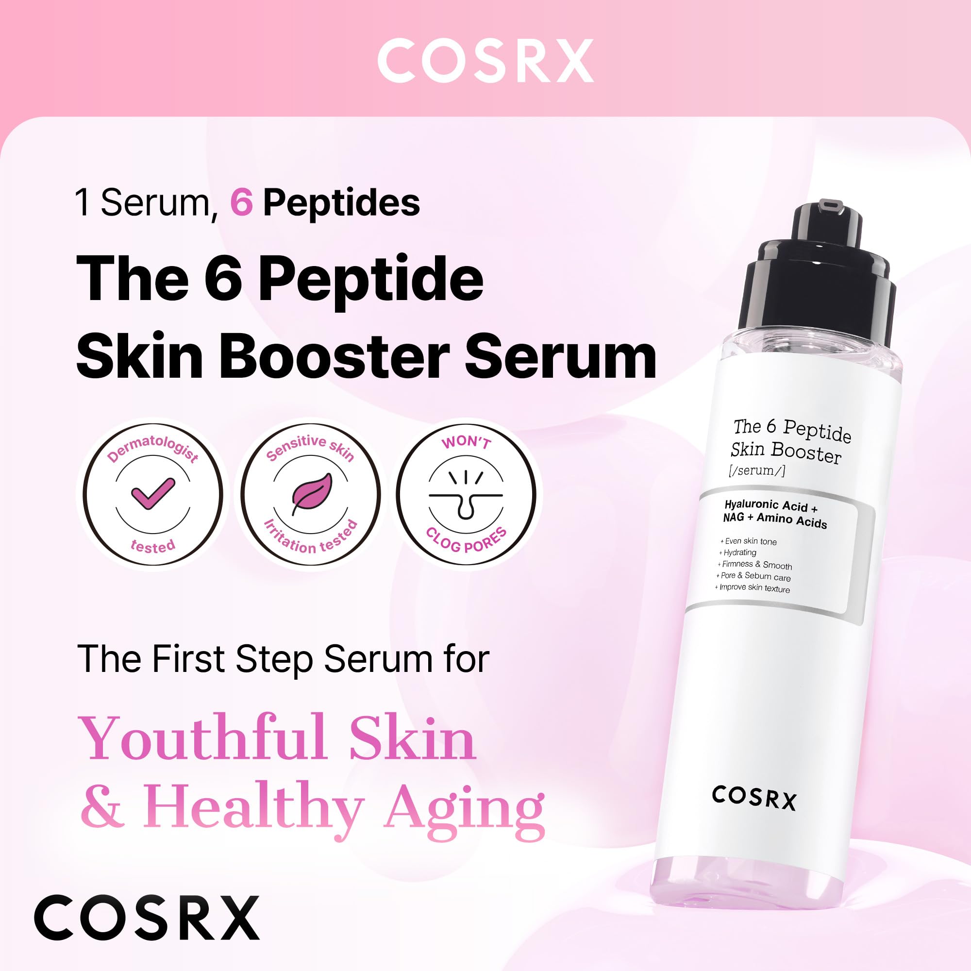 COSRX 6X Peptide Collagen Booster ingredient graphic shows copper peptides and hyaluronic acid