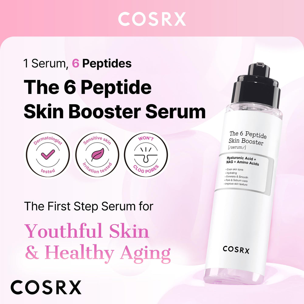 COSRX 6X Peptide Collagen Booster ingredient graphic shows copper peptides and hyaluronic acid