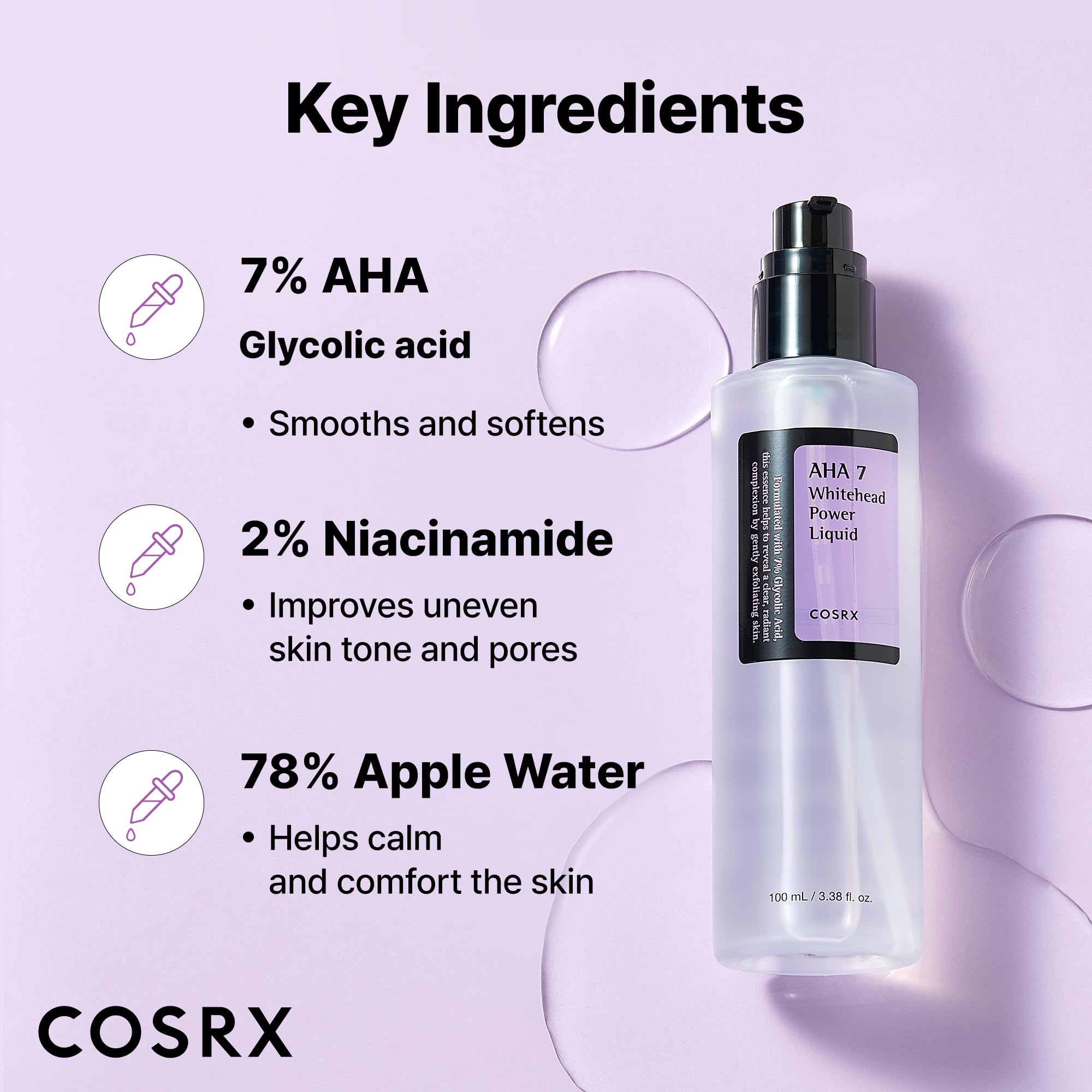 COSRX 7% Glycolic Acid ingredients graphic explains AHA action for smoother skin