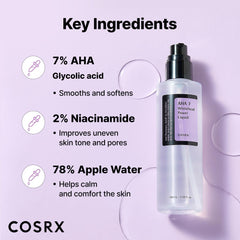 COSRX 7% Glycolic Acid ingredients graphic explains AHA action for smoother skin